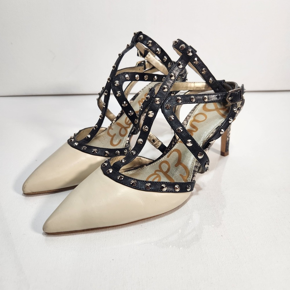 Sam Edelman Ocie Womens Leather Studded Snakeskin Heeled Sandal Size 8M Beige‎